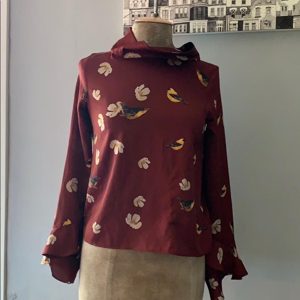 Zara bird floral burgundy blouse